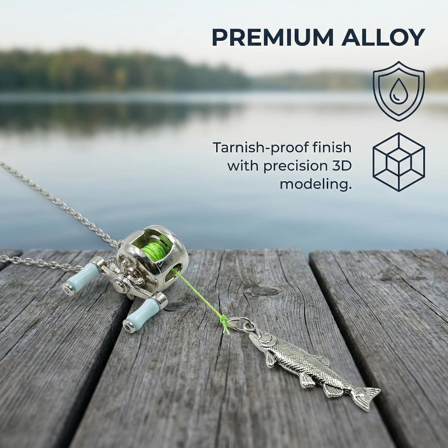 Fishing Reel Necklace with Rotating Handle & Moving Line Guide